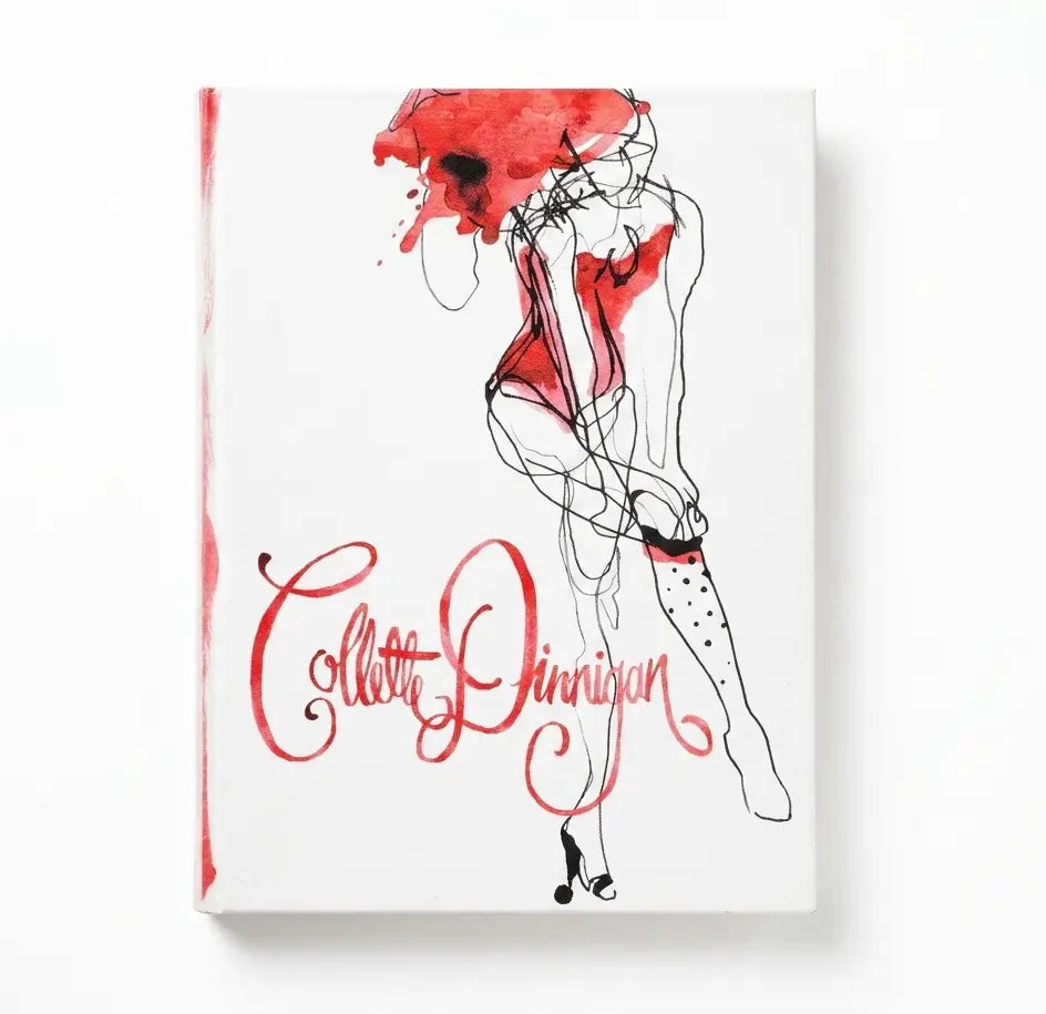 A hardcover book titled 'Colleen Dinnehan' featuring a minimalist black ink line drawing of a woman in red lingerie on a white cover, shown against a clean white background.