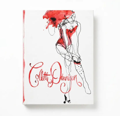 A hardcover book titled 'Colleen Dinnehan' featuring a minimalist black ink line drawing of a woman in red lingerie on a white cover, shown against a clean white background.