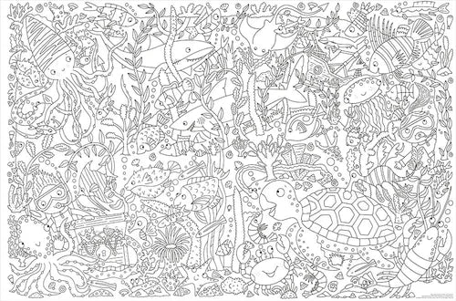 Coloring page with intricate black and white ocean-themed illustrations.