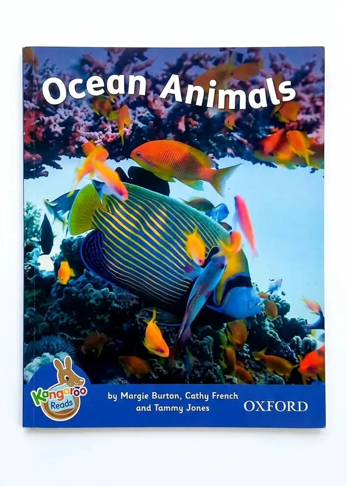 Children's book titled 'Ocean Animals' from the Kangaroo Readers series by Oxford, featuring a colorful underwater scene with tropical fish on the cover.