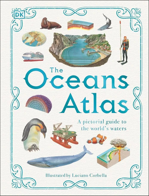 Book cover of 'The Oceans Atlas' with illustrations of ocean-related scenes and animals.