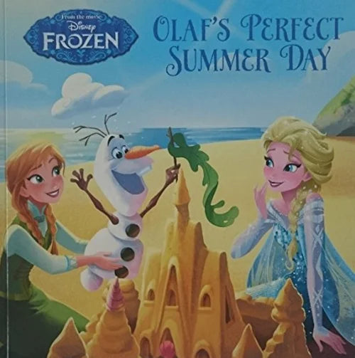 Book cover of 'Olaf's Perfect Summer Day' from Disney Frozen featuring Anna, Elsa, and Olaf at the beach.