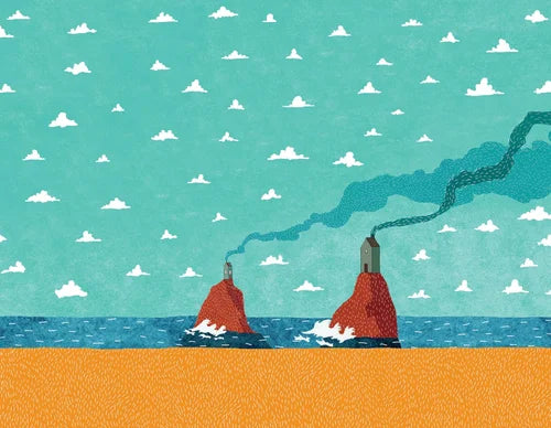 Two red ships on a blue ocean with a green smokestack冒出 from one of them against a teal sky with white clouds.