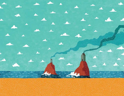 Two red ships on a blue ocean with a green smokestack冒出 from one of them against a teal sky with white clouds.