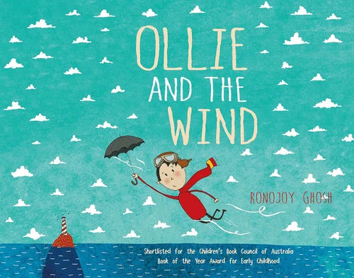 Book cover of 'Ollie and the Wind' with a child flying with an umbrella against a blue sky with clouds.