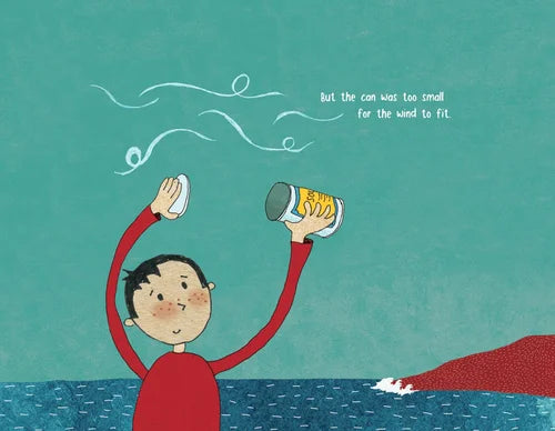 Illustration of a child holding a can and a bottle against a teal background with text.
