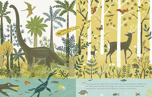 Illustration of a prehistoric forest with dinosaurs and other animals.
