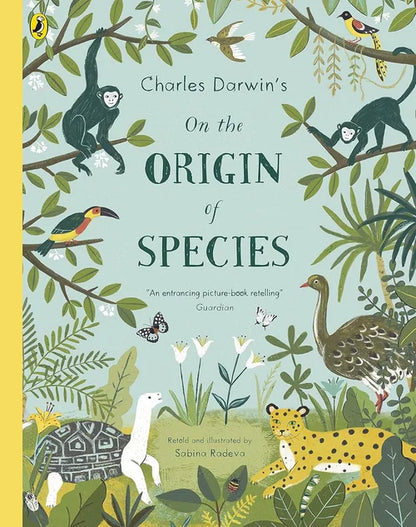 Book cover of 'On the Origin of Species' with illustrations of animals and plants.