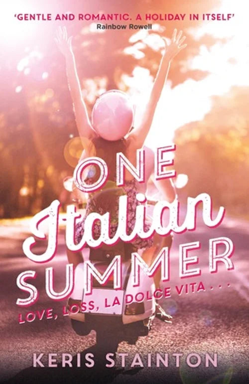 Book cover of 'One Italian Summer' by Keris Stainton with a blurred background of a person holding a pink balloon.