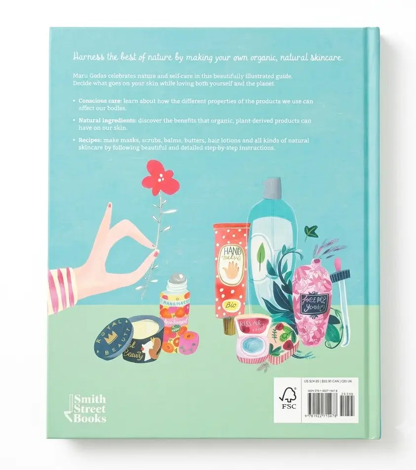 The back cover of a hardcover book titled 'Blessed' by Smith Street Books, featuring a light blue and mint green color scheme with illustrations of various skincare products and a hand gesture.