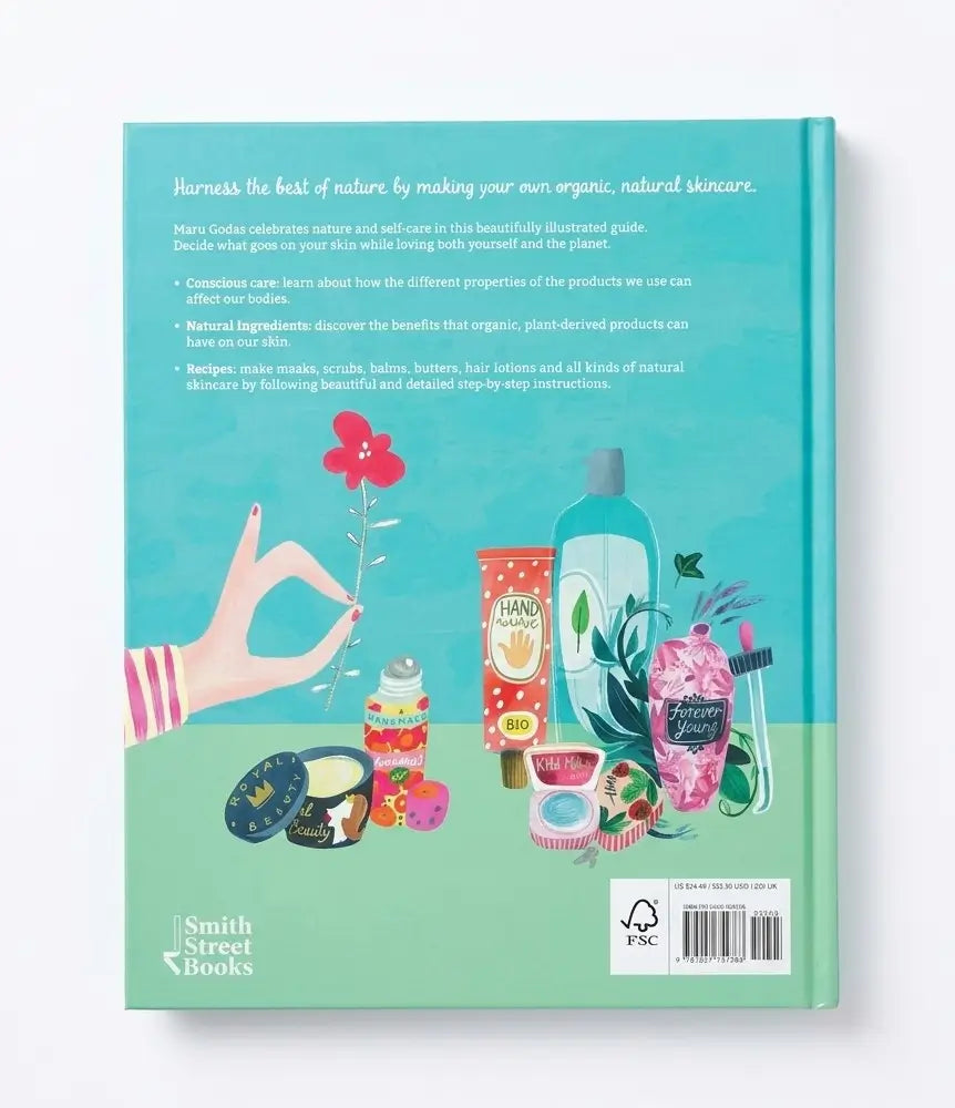The back cover of the book 'The Beauty of Nature' by Smith Street Books, featuring a teal and mint green design with an illustration of various organic skincare products and a hand holding a flower.