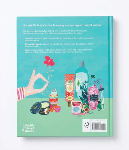 The back cover of the book 'The Beauty of Nature' by Smith Street Books, featuring a teal and mint green design with an illustration of various organic skincare products and a hand holding a flower.