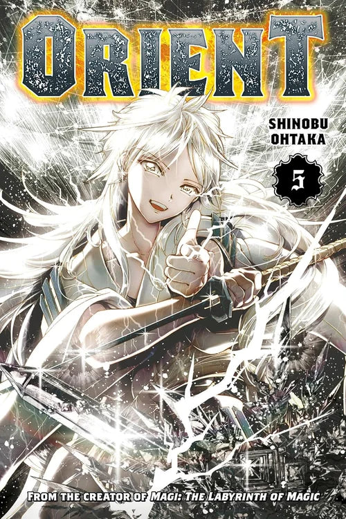 Comic book cover of 'Orient' with a character holding a weapon and dramatic text.