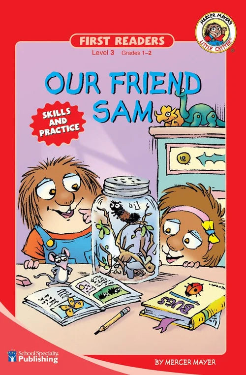 Book cover of 'Our Friend Sam' with a red border and cartoon characters in a classroom setting.