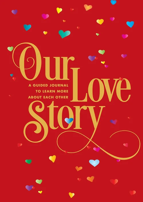 Book cover of 'Our Love Story' with colorful hearts on a red background