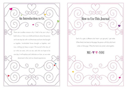 Two pages from a journal introduction section with decorative text and heart symbols.