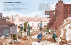 Illustration of a major raid in Liverpool during World War II, showing damage to buildings and people working amidst debris.