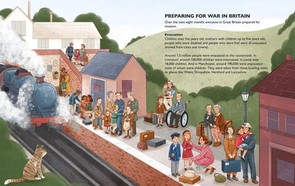 Illustration of people preparing for war in Britain with a steam train and houses in the background.