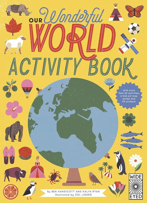 Cover of 'Our Wonderful World Activity Book' with illustrations of animals, nature, and a globe on a yellow background.