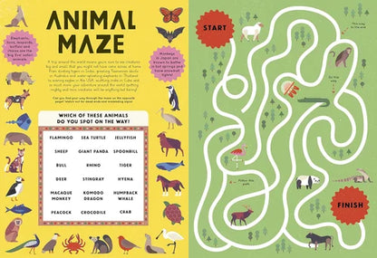 Animal maze game with illustrations of animals on a yellow and green background