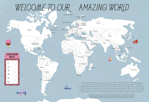 World map with color key on a light blue background