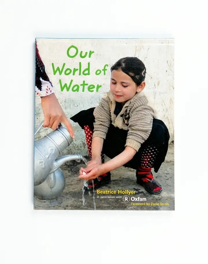 Children's book titled 'Our World of Water' by Beatrice Hollyer, featuring a cover photo of a young girl crouching to draw water from a metal container, shown against a plain white background.