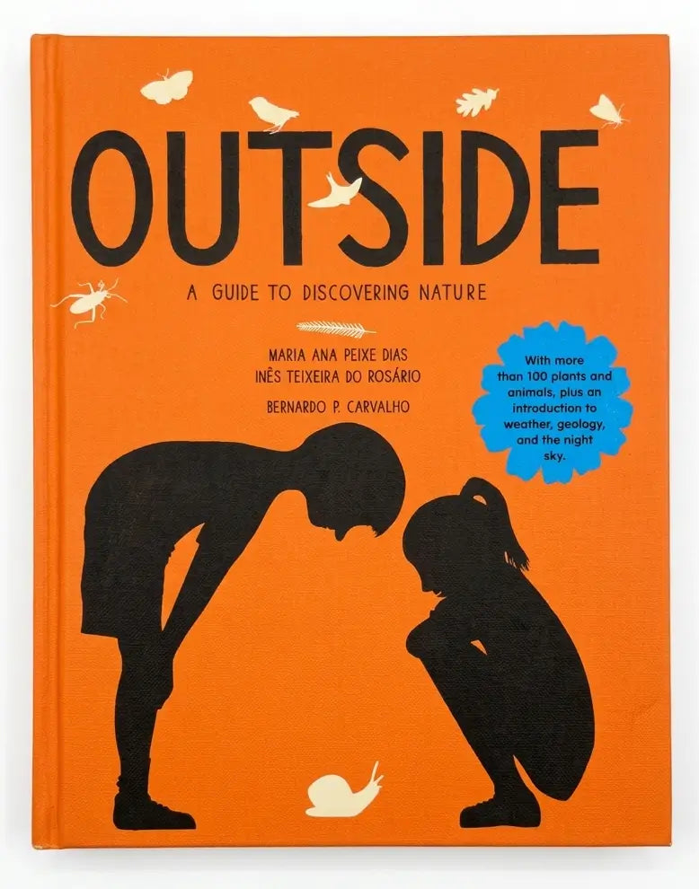 Book titled 'Outside: A Guide to Discovering Nature' with orange cover and black silhouettes of two children and a snail.