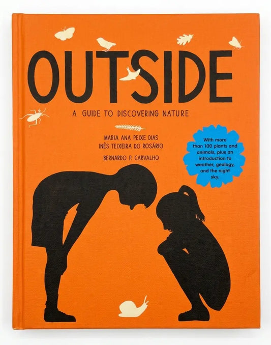 Book titled 'Outside: A Guide to Discovering Nature' with orange cover and black silhouettes of two children and a snail.