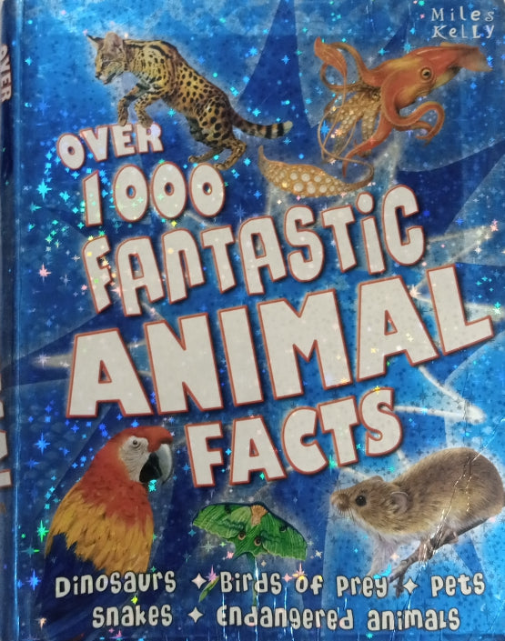 A book cover titled 'Over 1000 Fantastic Animal Facts' featuring various animals such as a giraffe, a parrot, and a crocodile in a stylized layout with a blue background.