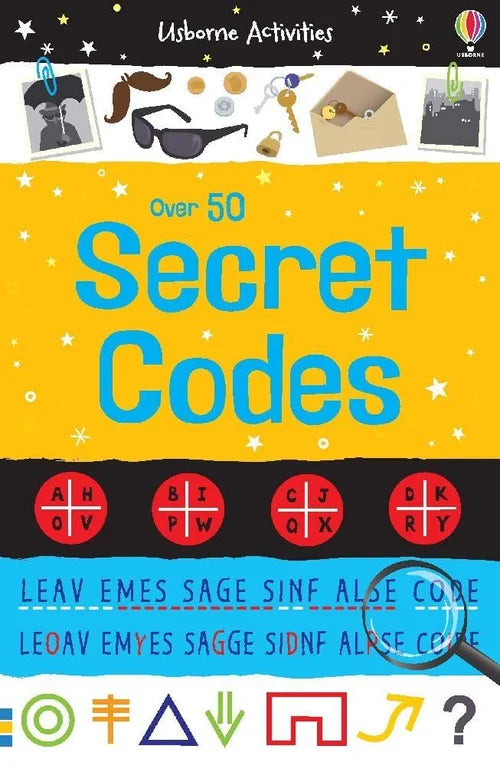 Book cover of 'Over 50 Secret Codes' with various codes and symbols on a yellow background.