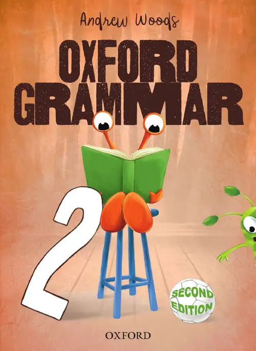 Book cover of 'Oxford Grammar 2' with cartoon characters and a green book.
