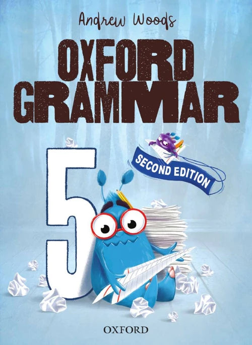 Book cover of 'Oxford Grammar 5' with a cartoon character holding a number five on a blue background.