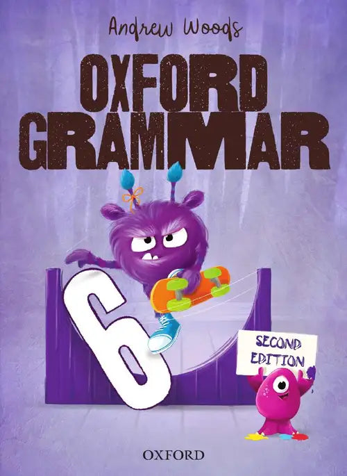 Book cover of 'Oxford Grammar' with cartoon characters on a purple background