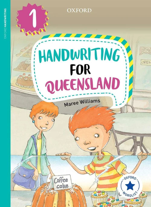 Book cover of 'Handwriting for Queensland' by Oxford with two children at a bakery.