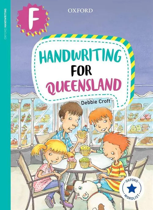 Book cover of 'Handwriting for Queensland' by Debbie Croft with children at a table in a bakery.