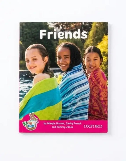 Oxford Kng-Too Books 'Friends' children's book cover, featuring three young girls wrapped in colorful towels by a swimming pool, with a pink footer and white title text.