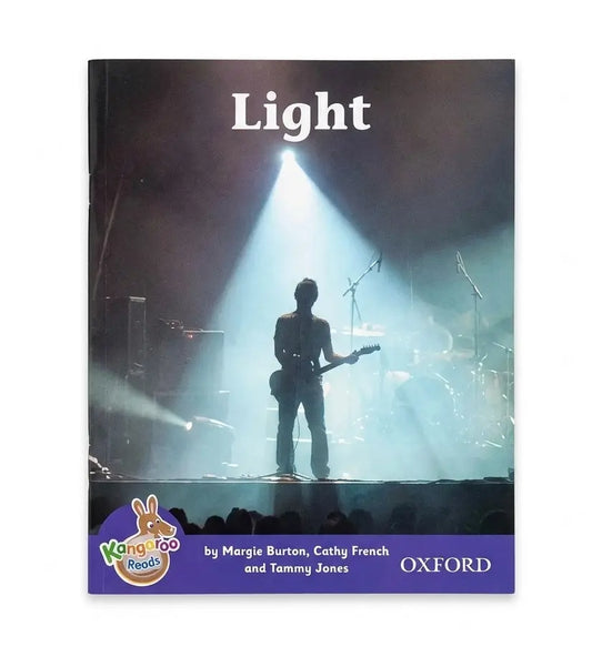 Children's book cover titled 'Light' showing a concert stage scene with a silhouetted guitarist under a bright spotlight. The cover has a purple band at the bottom with the 'Yang Tso Reads' logo and 'OXFORD' publisher mark.