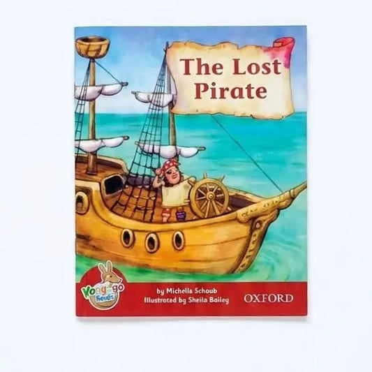 Children's book titled 'The Lost Pirate' from the Voyages series by Oxford, featuring an illustration of a pirate ship on turquoise water.