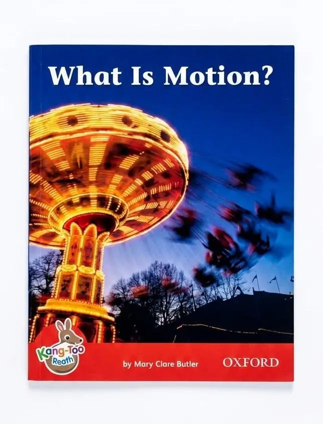 Children's book cover titled "What Is Motion?" with a photo of a brightly lit carnival ride against a blue sky, plus the Kangaroo Books logo and Oxford publisher mark.