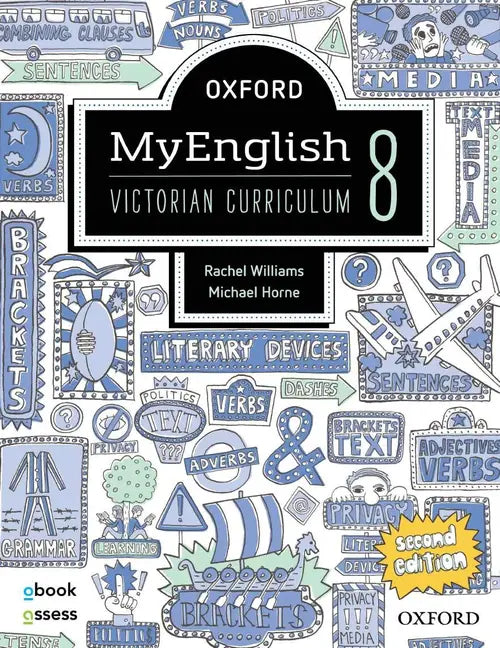 Book cover of 'MyEnglish 8' by Oxford with decorative text and graphics.