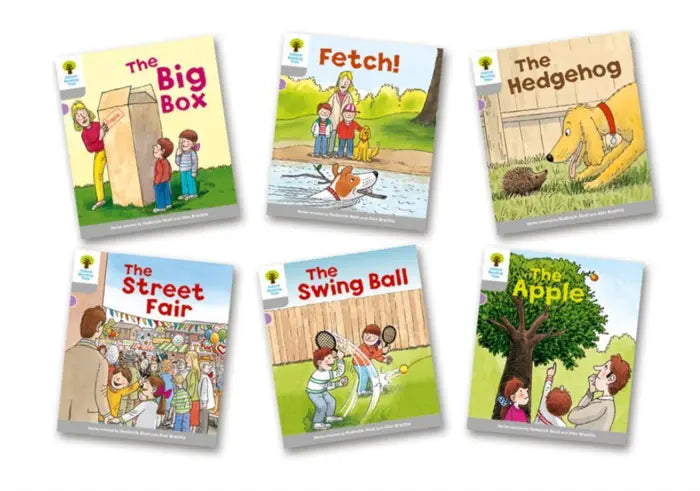 Set of children's books with colorful illustrations on a white background