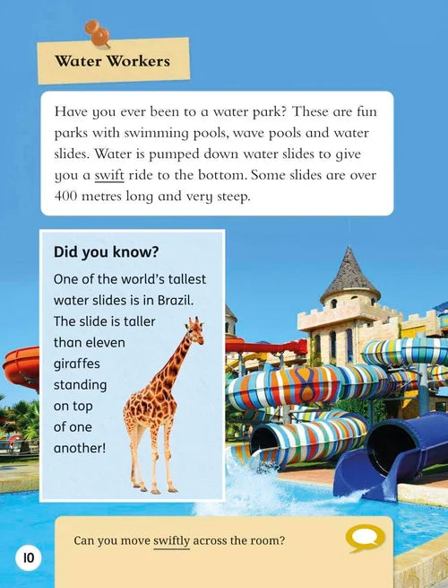 Children's book page about water parks with a colorful water slide and giraffe illustration.