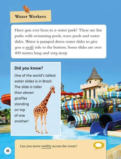 Children's book page about water parks with a colorful water slide and giraffe illustration.