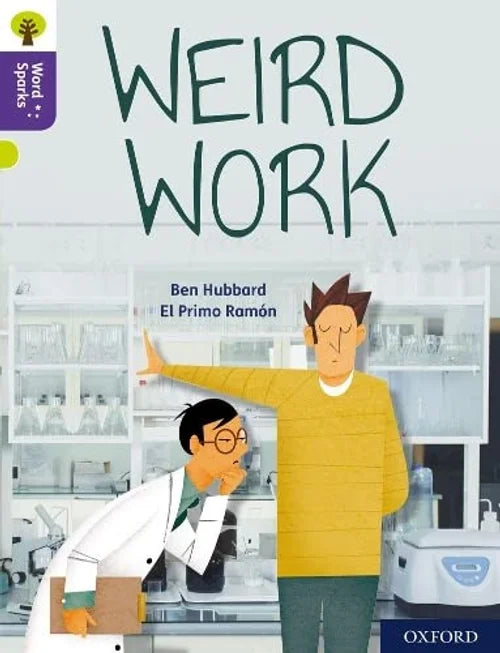 Book cover of 'Weird Work' with two characters in a laboratory setting.