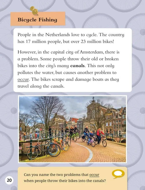 Educational page about bicycle fishing in Amsterdam with text and photo of people cycling on a bridge.