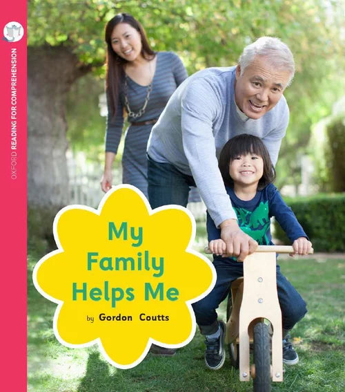 Book cover of 'My Family Helps Me' with a family outdoors, featuring an older man helping a child on a bike.