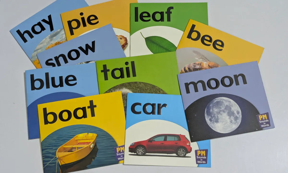 Collection of educational flashcards with words and images on a white background