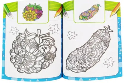 Coloring book open to pages with detailed designs of a fruit and a vegetable.