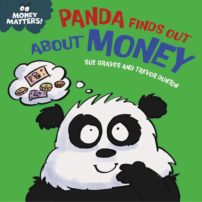 Book cover of 'Panda Finds Out About Money' with a cartoon panda and green background