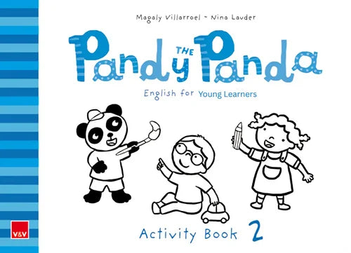 Book cover of 'Pandy Panda Activity Book 2' with illustrations of a panda and children on a blue and white striped background.